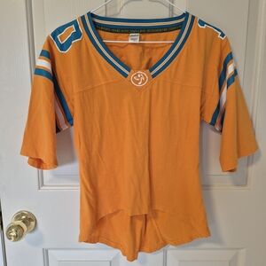 Zumba Venus Fitness Jersey Orange Teal Blue Short Sleeve T Button back Medium